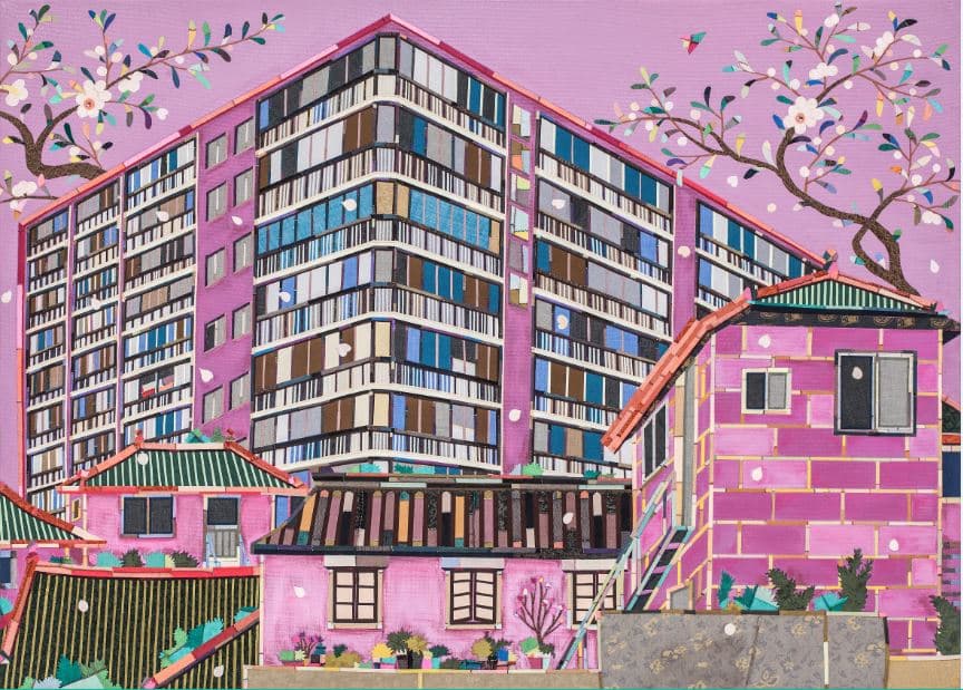 제미영 가화(家花) 캔버스에 아크릴, 바느질 꼴라주 91x65cm 2016