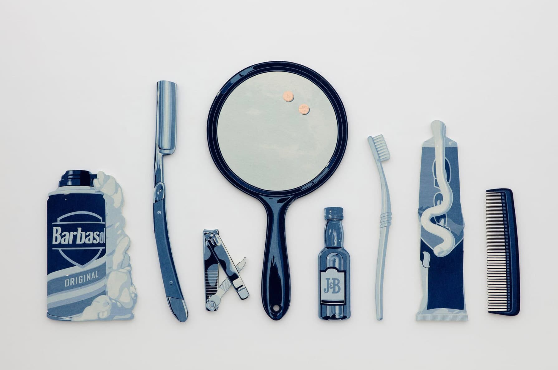 Everything Is Fine, 2021.Acrylic and collaged denim on custom relief panel. Installed, 72 x 129 in. Photo: Guillaume Ziccarelli.