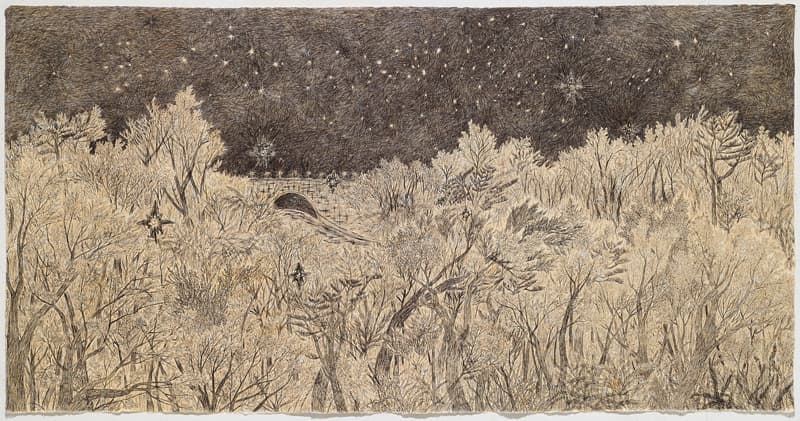 한경희, 먼곳으로부터의 밤, 장지에 볼펜, 74 x 143 cm, 2017