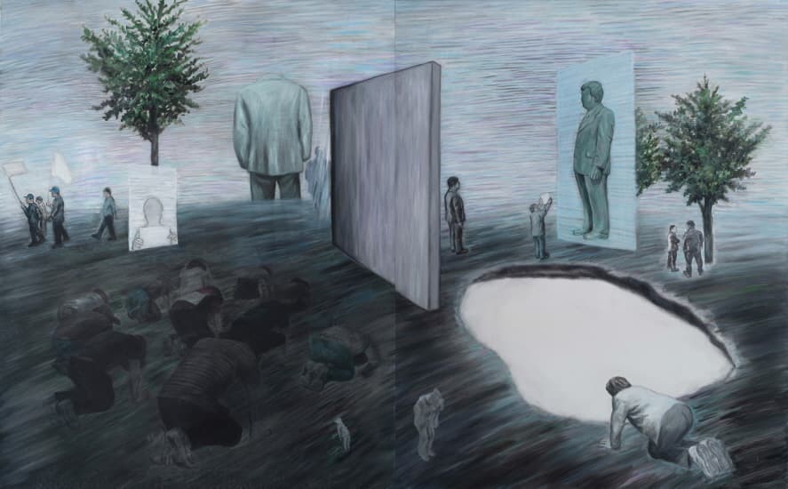 노원희, 얇은 땅 위에, 2019, 캔버스에 아크릴릭, 유채, 162.1x130.3cm x2