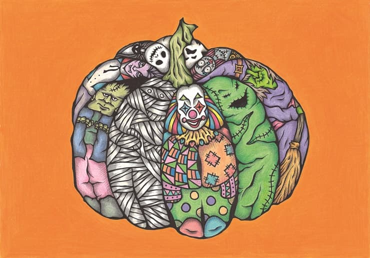 할로윈 호박(Halloween Pumpkin). 29.7 X 42 cm. pen, brush pen, and colored pencils. 2015
