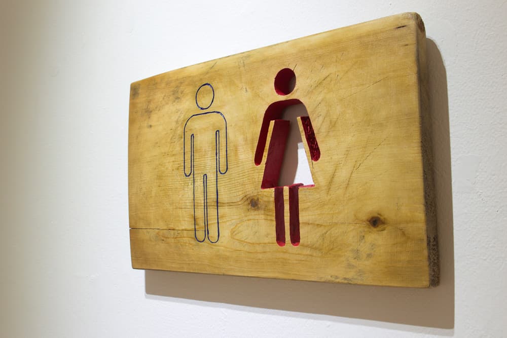 김치신_남녀 공용 화장실_acrylic on wooden chopping board_51.5×32×3㎝_2016