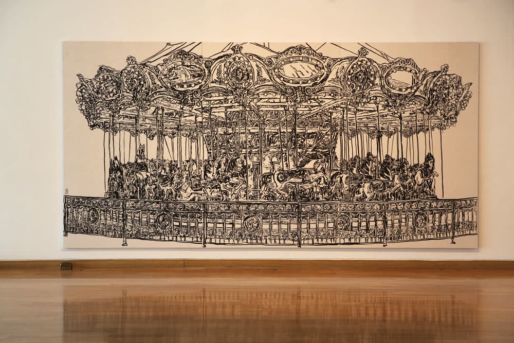 山水-이상한 회귀(군마도) 순지에 먹 193×390cm 2016