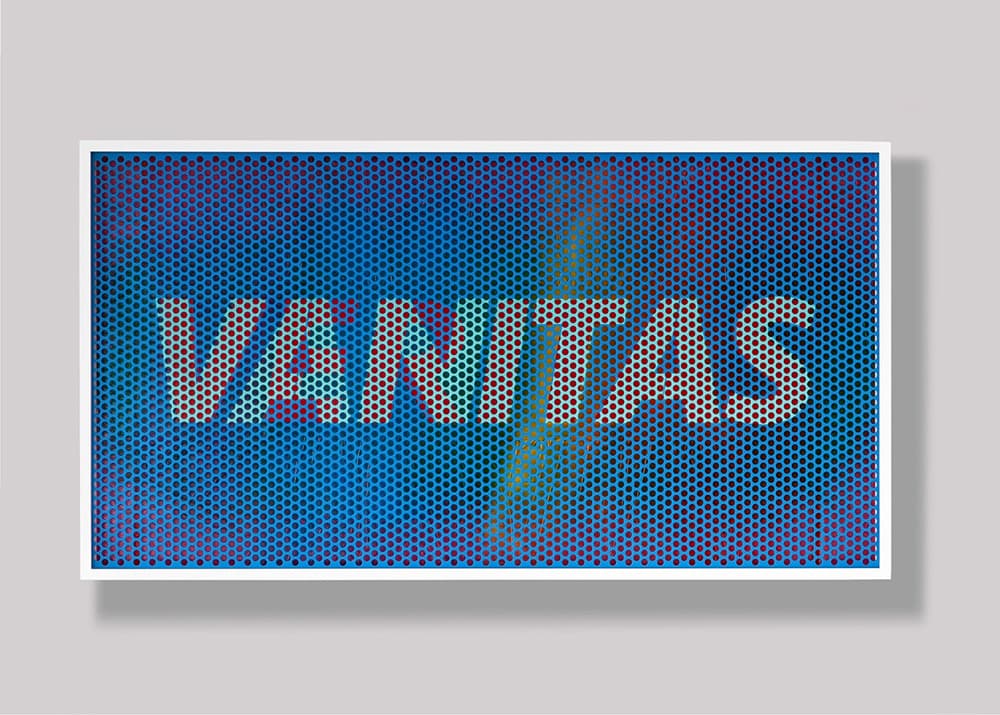 Vanitas / Veritas, 2021, perforated aluminum, acrylic spray paint, acrylic on paper, anti-reflection glass, wooden frame, 165.5 x 89.0 x 9.1 cm