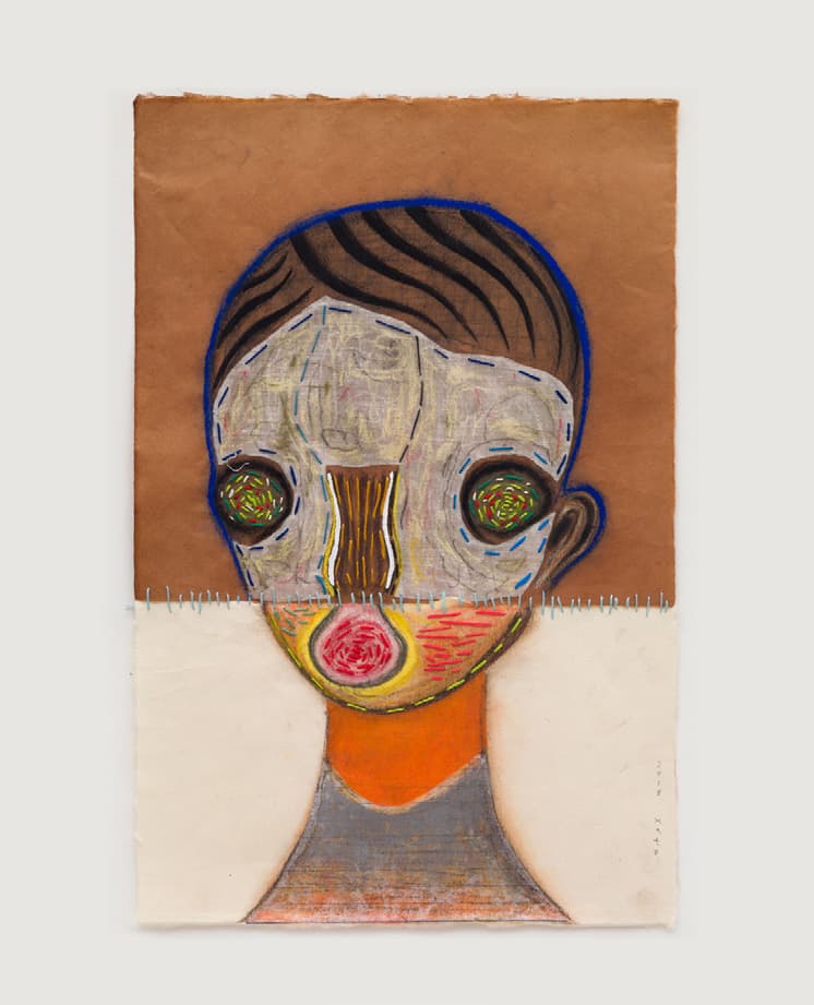 Izumi Kato, Untitled, 2018. Pastel, acrylic, fabric and embroidery on Japanese paper, wood frame with plexiglass cover. 53 × 35 cm