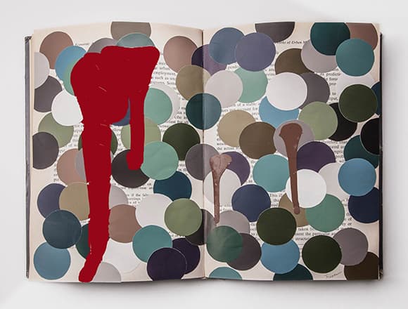 지희킴, Actual Shadow, 2016, 기부 받은 책 페이지에 색지, 메니큐어, 23.5x31.2cm