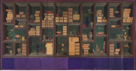 책가도 종이에 채색 10폭 병풍 153(h)x352cm