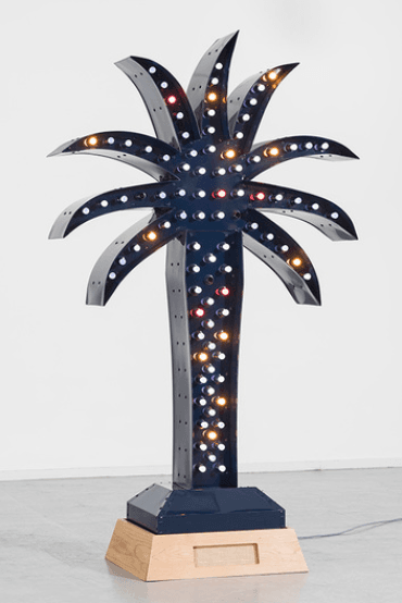 Yto Barrada, Blue Palm, 2017-18 steel structure with galvanized sheet metal and colored electrical bulbs, 256 cm × 142 cm × 51 cm