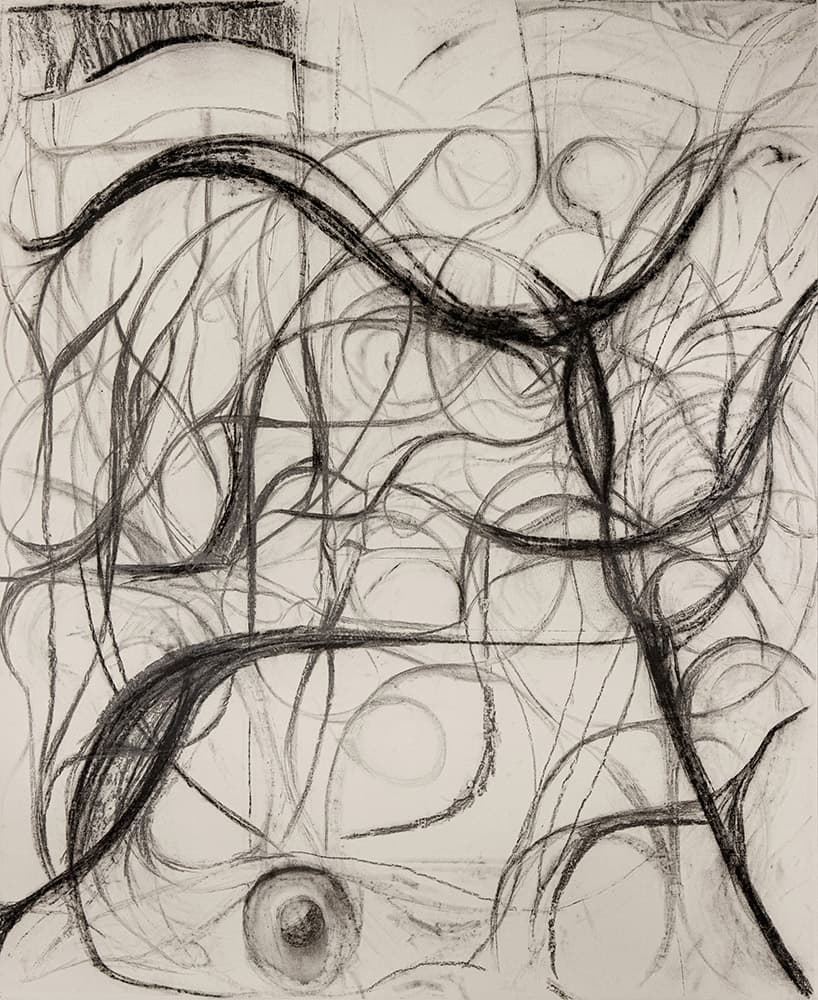 Peppi Bottrop, Dvl. antm, 2021, Graphite and coal on canvas, 217 x 178 cm. Courtesy of the artist, Meyer Riegger, Berlin/Karlsruhe, and PKM Gallery