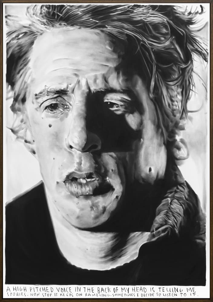RINUS VAN DE VELDE, A high pitched voice..., 2019 charcoal on canvas, artist frame, 180 x 124 cm