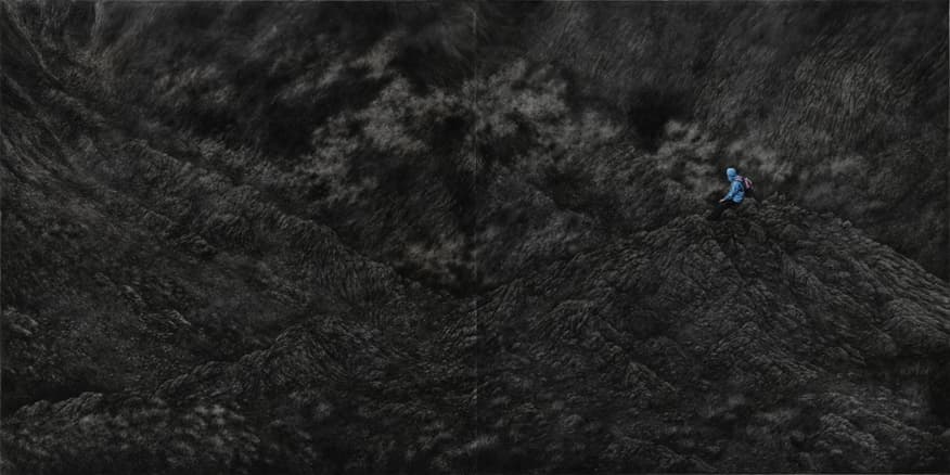이경하-내려다보는 사람, 160x320cm, charcoal & oil on canvas, 2014