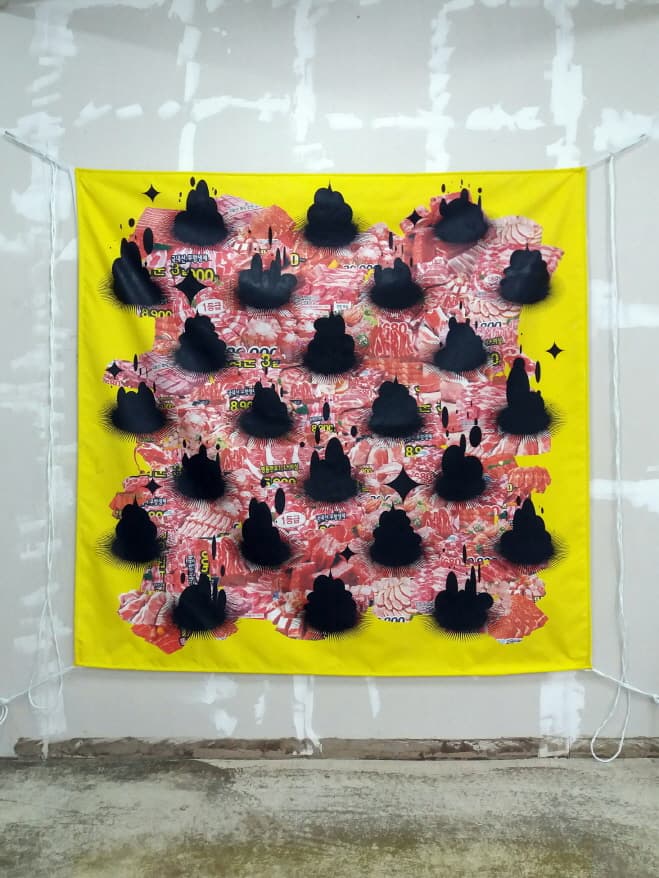 조승범_마트고기_oilstick on printed banner(현수막에 실사프린트와 오일스틱)_175cm x 171cm_2018