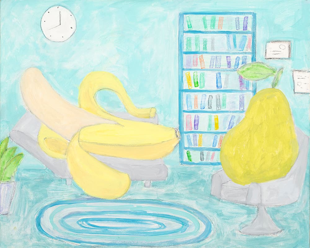 스캇 리더 Scott Reeder, Pear with Banana (Therapy), 2021, Oil on canvas, 24 × 30in (61.0 × 76.2cm)