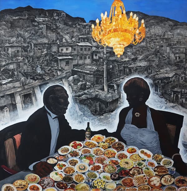 이명복, <식사>, 1988 187x185cm, 장지에 아크릴릭, 콜라주