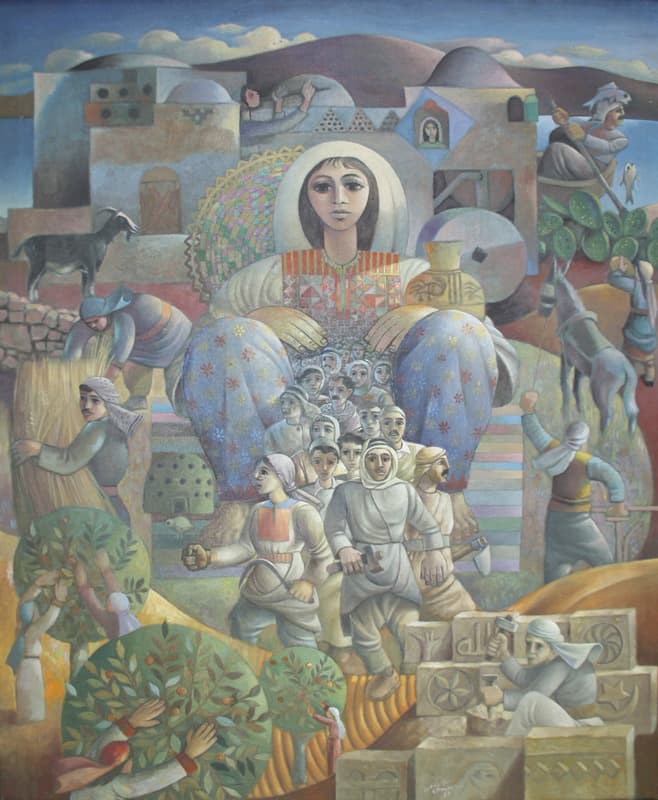 George M. Al A'ma Collection, 술리만 만수르, <깨어난 마을> 1988-1990, 캔버스에 유채, 116 x 97.5 cm, Courtesy of Goerge Michael Al A'ma collection, Bethlehem
