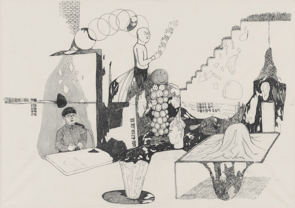 정주원,이야기들에 대한 이야기2, 광목에 네임펜,86x123cm,2016
