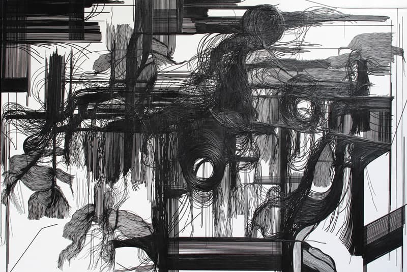 전윤정, BlackHair Rapunzel, 194x130cm, Line Tape on Canvas, 2018