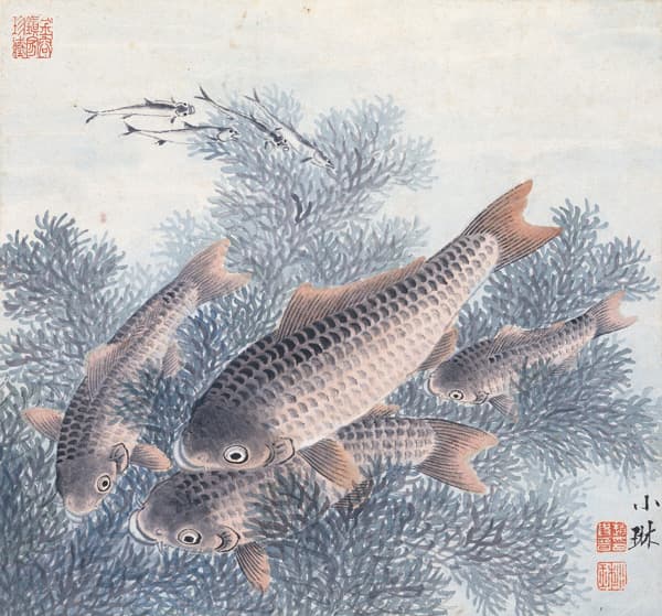 <군어유영>(群魚游泳: 물고기 떼가 헤엄치다) 지본담채, 25.5×27.5cm