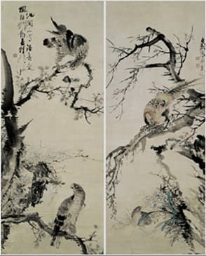 영모도 대련 작가명 : 장승업  년도 : 19세기 후반  재료 : 종이 수묵담채  크기 : 135.5X55.0cm