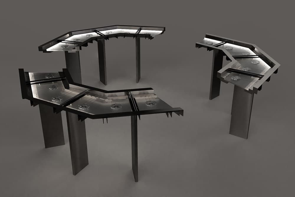 김정은, Resonant tool pieces  공명 전달 기구, 금속 현, 자석, DC모터, LED, Arduino, 전자 장치, 180×70×75cm 3ea, 2021
