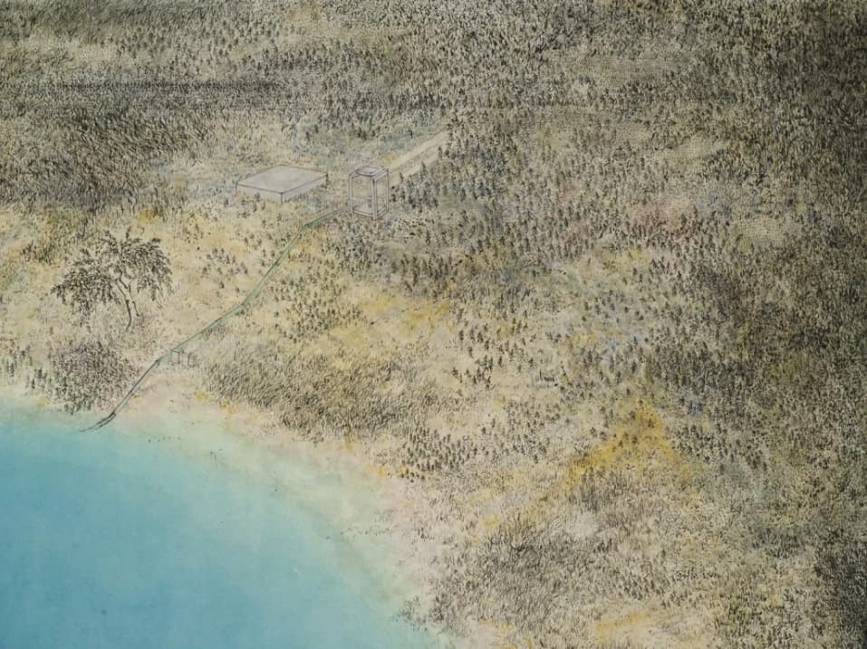 박형진, 푸른 물, 디테일 컷, 장지에 먹, 혼합재료, 130x162cm, 2016