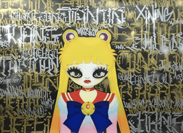 sailor Moon Graffiti Mix, Acrylic paint and spray on Ultra chrome ink printed canvas, 162cmx130cm, 2015