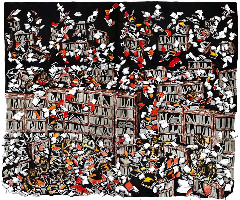 우정수, 원숭이도서관, 2015, Chinese ink, ink, acrylic on paper, 433x513 cm