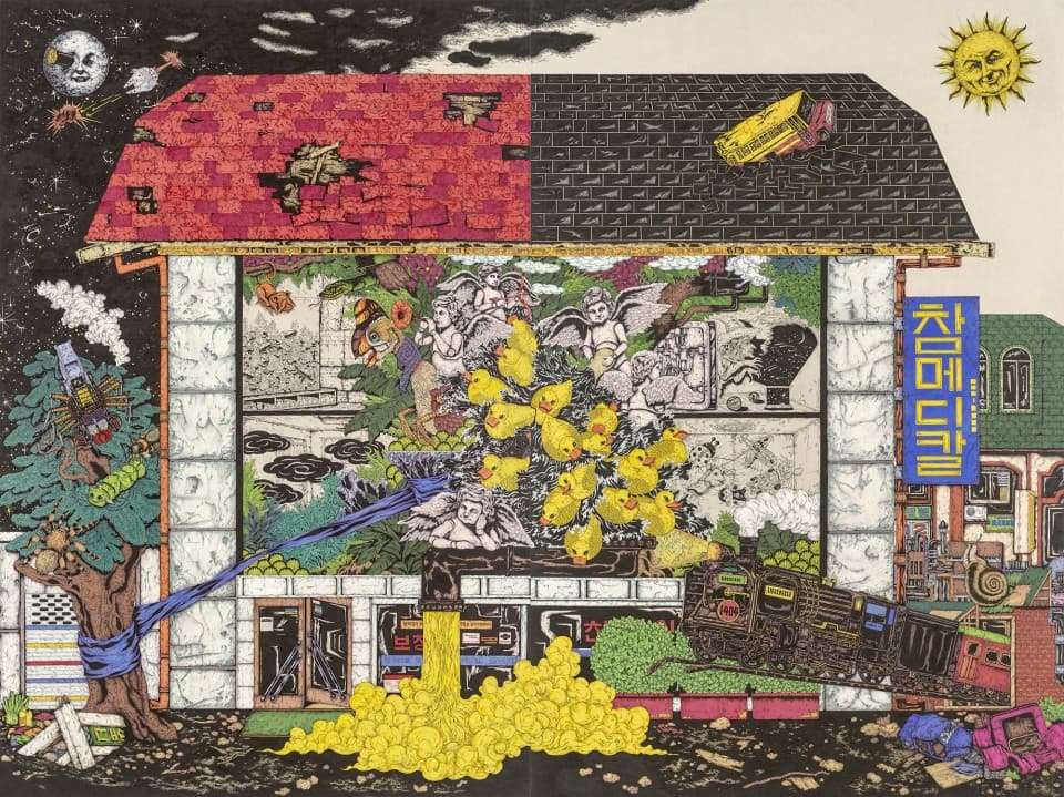 김태형_가벼운 보금자리_장지에 아크릴과슈_120×360cm_2018