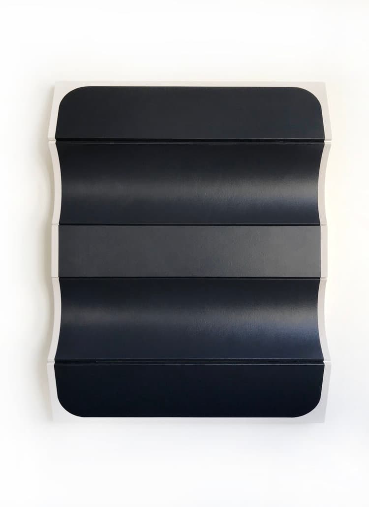 Robert Moreland, Untitled Blunted Black, Drop cloth on wooden panel with acrylic paint, tacks & leather hinges, 152.4 x 121.9 cm, 2018
