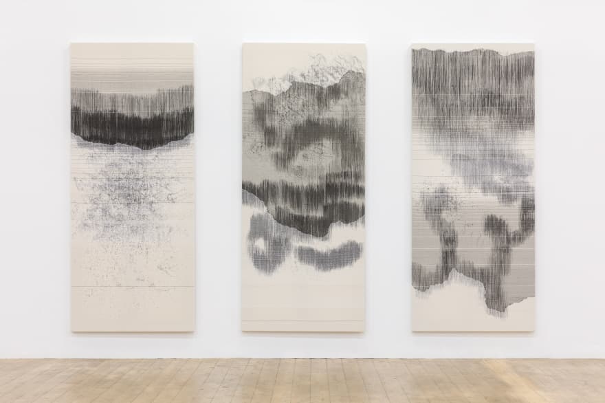 차승언, 능직얼룩-19,21,20_면사, 합성사, 염료_230x97cm x3_2018