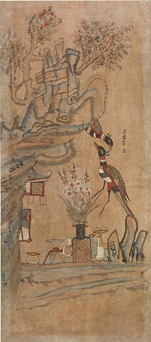화조괴석도 6폭 풍 1폭, 花鳥怪石圖 19세기 후반, 종이에 채색, 81.0×31.5cm