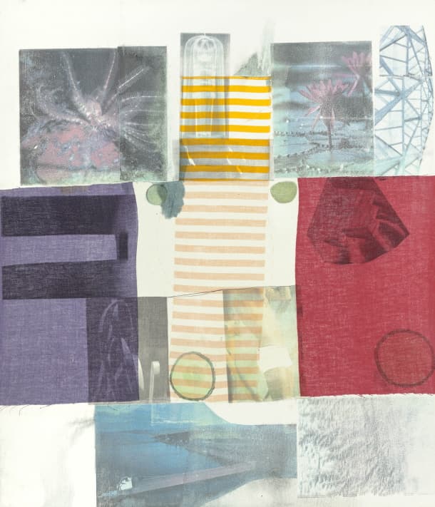 로버트 라우센버그, 반 블렉 시리즈 VI, 1978, 나무 판넬에 콜라주한 천 위에 용액 전사, 아크릴릭 물감, 109.2x94cm