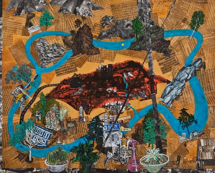 권인경 ​Heart-Land 2 / 127×158cm 한지에 고서 꼴라쥬, 수묵채색,아크릴 2013