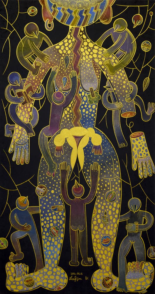 이피, 나팔관 심포니, The Symphony of the Fallopian Tubes, 장지에 먹, 금분, 수채, 68.5x130cm, 2016 Courtesy of the artist and GALLERY SU: