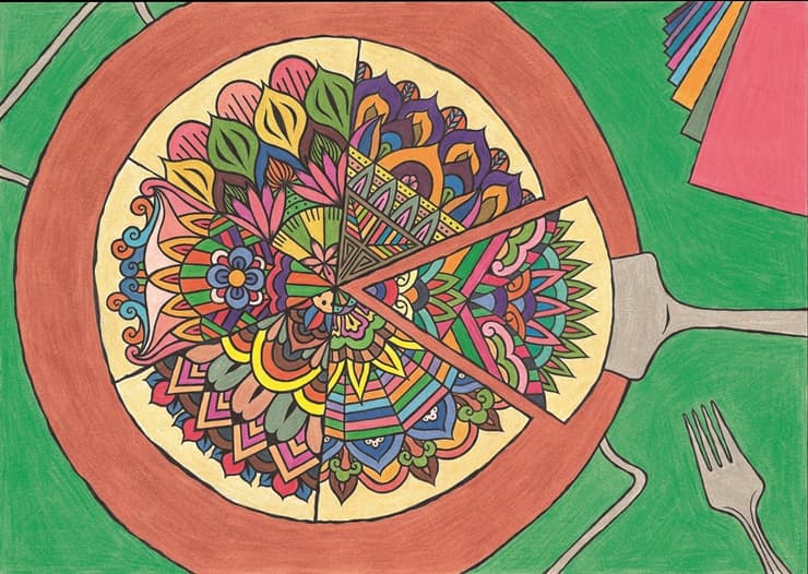 한국 피자(Korean Pizza). 29.7 X 42 cm. pen, brush pen, and colored pencils. 2016