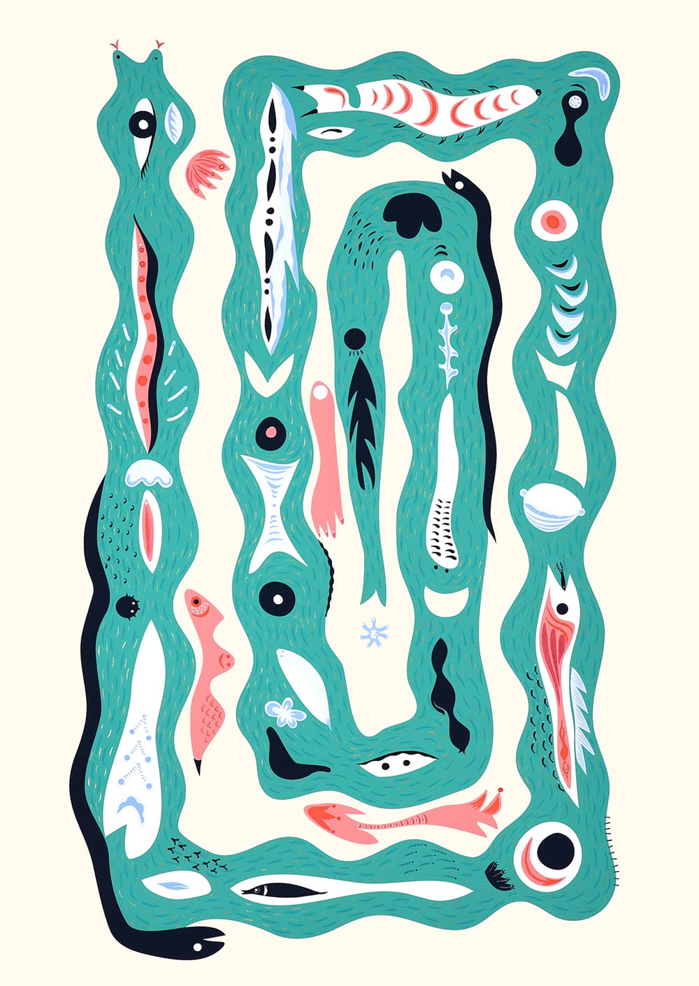 윤진초, 또아리를 튼 뱀, 84x118 cm, 디지털 프린트 위에 채색, 2018