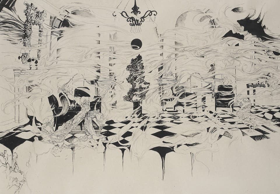 기민정, 파티홀, 한지에 먹, 138×190cm, 2016