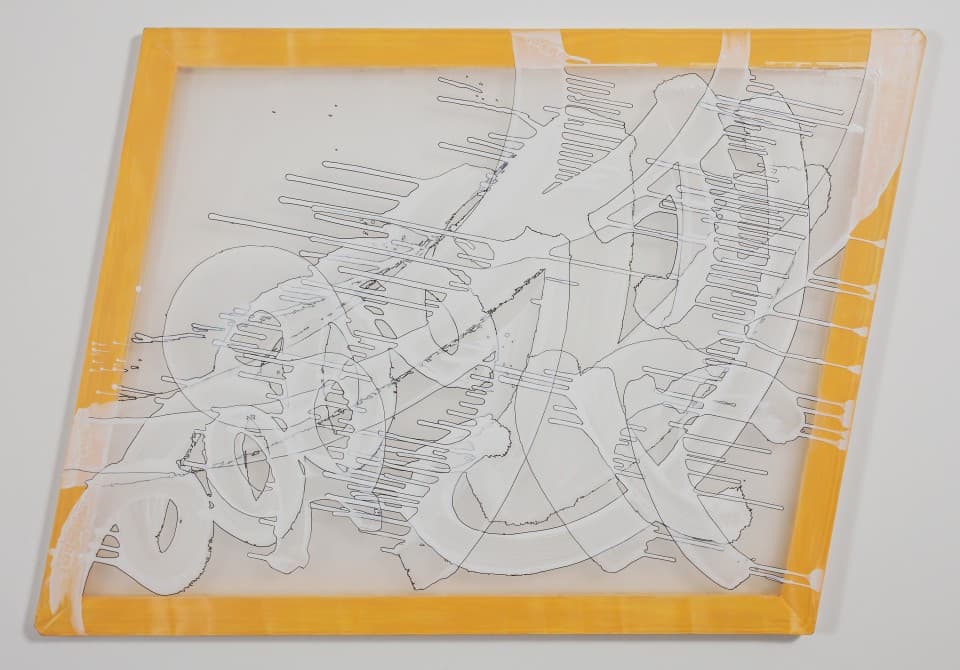 박윤경_4efgmno2rtv_acrylic, painting marker, chiffon, parallelogram, wooden frame, hinge_134.5×91cm_2018