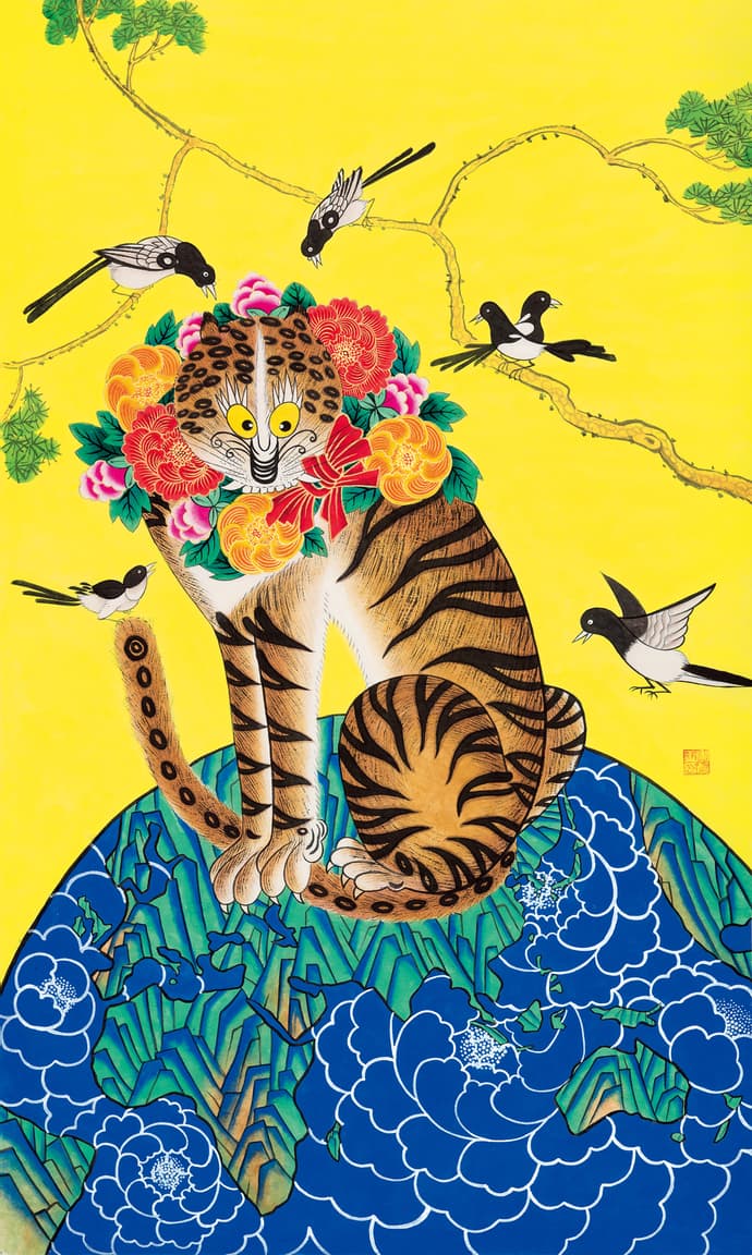 이정옥, 웰컴투민화 1, 장지,수간분채,먹, 100X60cm, 2012