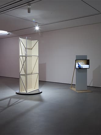권용주, 만능벽, 2014, 싱글채널비디오, 컬러, 사운드, 회전진열대, 합판, 각재, 가변크기