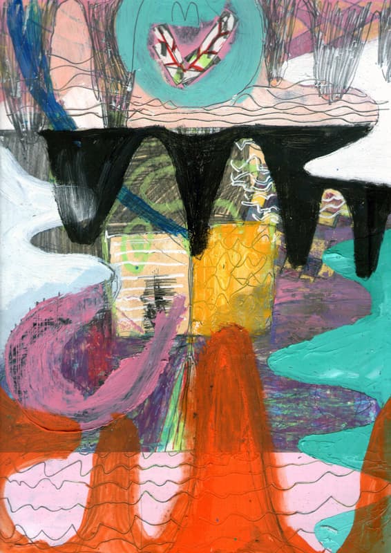 백경호, untitled(smile, human, cave), oil, oil pastel, pencil, color pencil, correction fluid on paper, 30.4x22.7cm, 2019