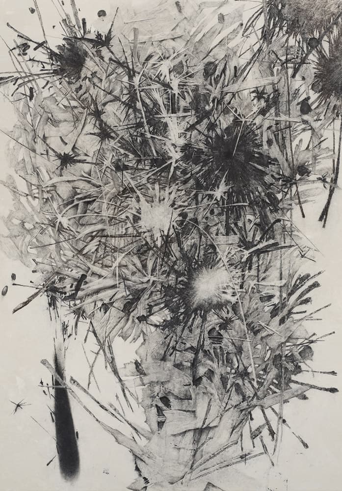 이재훈_펑펑펑_200×140cm_벽화기법(장지, 석회, 먹, 목탄, 목탄가루, 아교, 수간채색)_2023