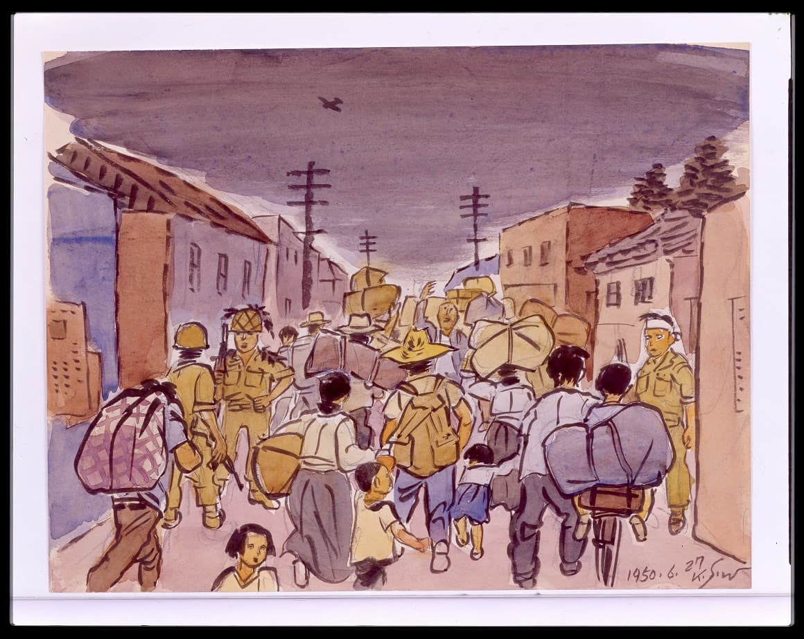 김성환, 6.25스케치 1950년 6월 27일 돈암교부근, 1950, 종이에 연필, 채색, 19.3×25cm, 국립현대미술관 소장.