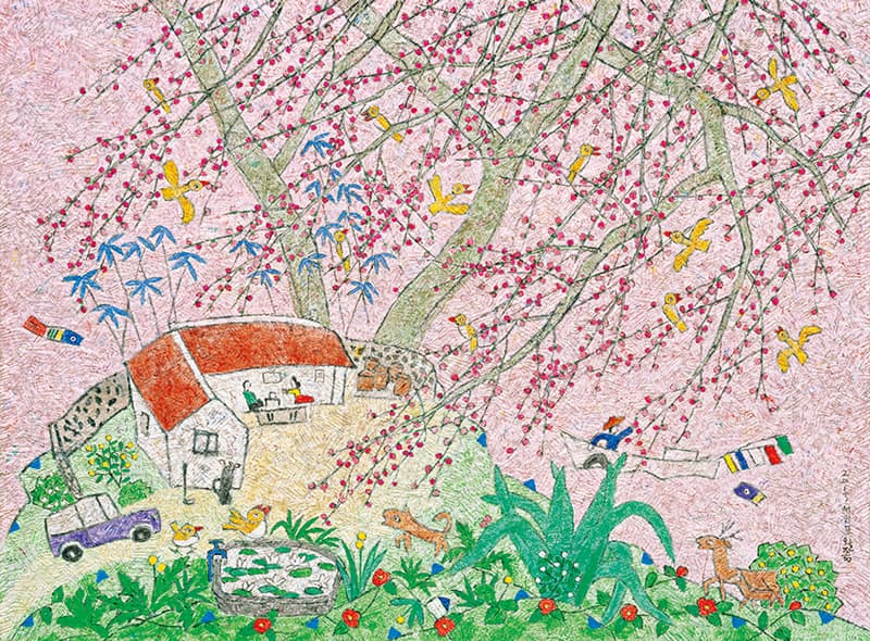 이왈종, 제주생활의 중도, 2013, 장지위에 혼합, 187 x 250 cm