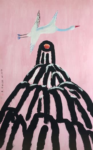 이강욱, 큰산을 넘어가는 새 , 종이에 콩테 파스텔 과슈 먹, 64.5x103cm , 2018