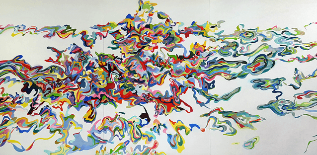 이진아, 흐르는 그것은, 194x390cm, 정지에 채색 호분 색연필 2016
