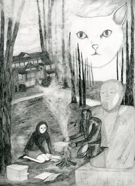 고등어, 살갗의 사건_흰 고양이 종이에 연필_29.7x21cm_2017