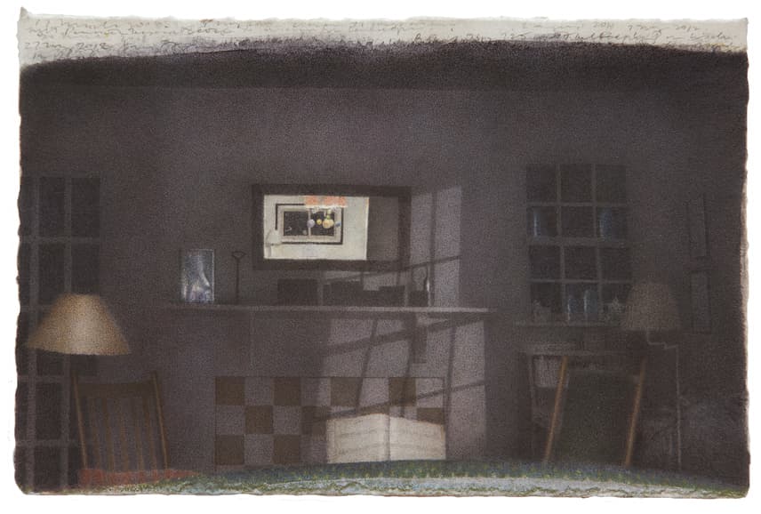 Charles Ritchie, Dark Interior with Mirror, 2008-2012 watercolor and graphite on Fabriano paper 10.8 x 15.9 cm (4 1/4 x 6 1/4 in) ⓒ Charles Ritchie