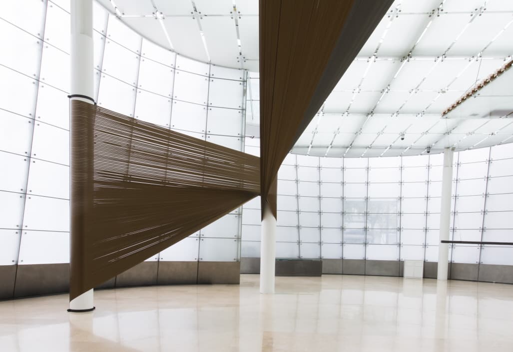 Jinnie Seo Rivers 2014 134 gold and silver two tone color synthetic leather bands, 3cm x 21m long each, 15cm x 25cm x 4.5m rectangular steel box, 45cm