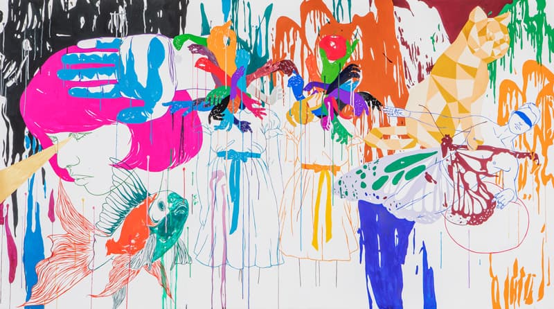 지희킴, 겹의 기호들 1, 종이에 과슈, 잉크, 200 x 131 cm, 2018